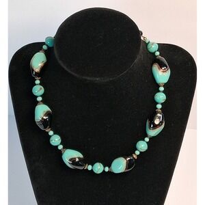 MCM Japanese Lampwork Art Glass Choker Turquoise & Black Aventurine Beads